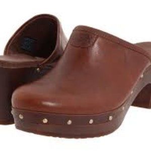 UGG cognac Brown Leather & Sherpa Studded Abbie Mule Clogs Wood Heel EU 39 US 8
